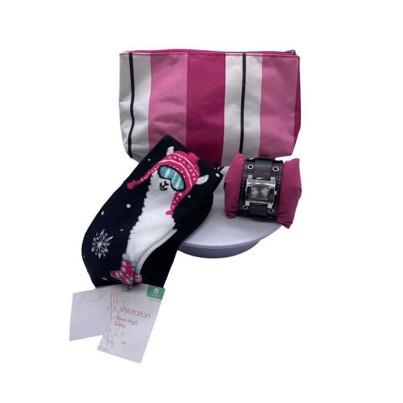 Claire’s watch, llama print socks, and striped cosmetic bag - Gift Set Nwt - pin - Picture 1 of 11